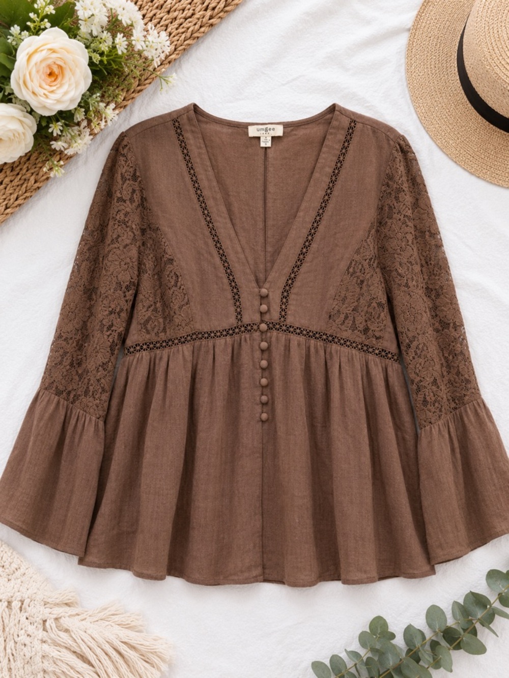 Umgee Lace Sleeve Boho Babydoll Top Size S